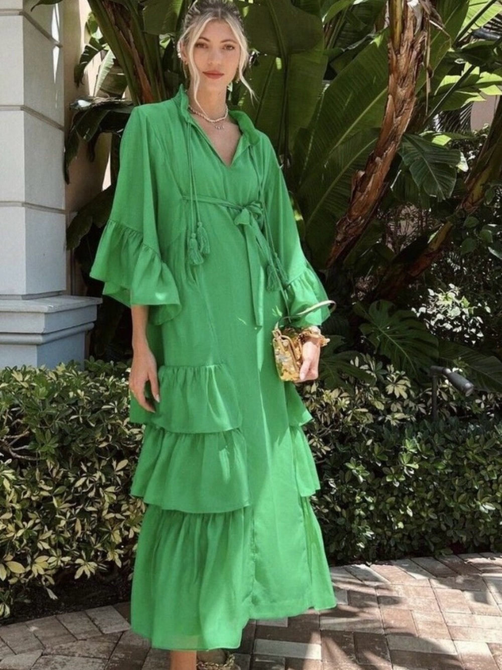 H&M x Iris Apfel green ruffle oversized kaftan dress
